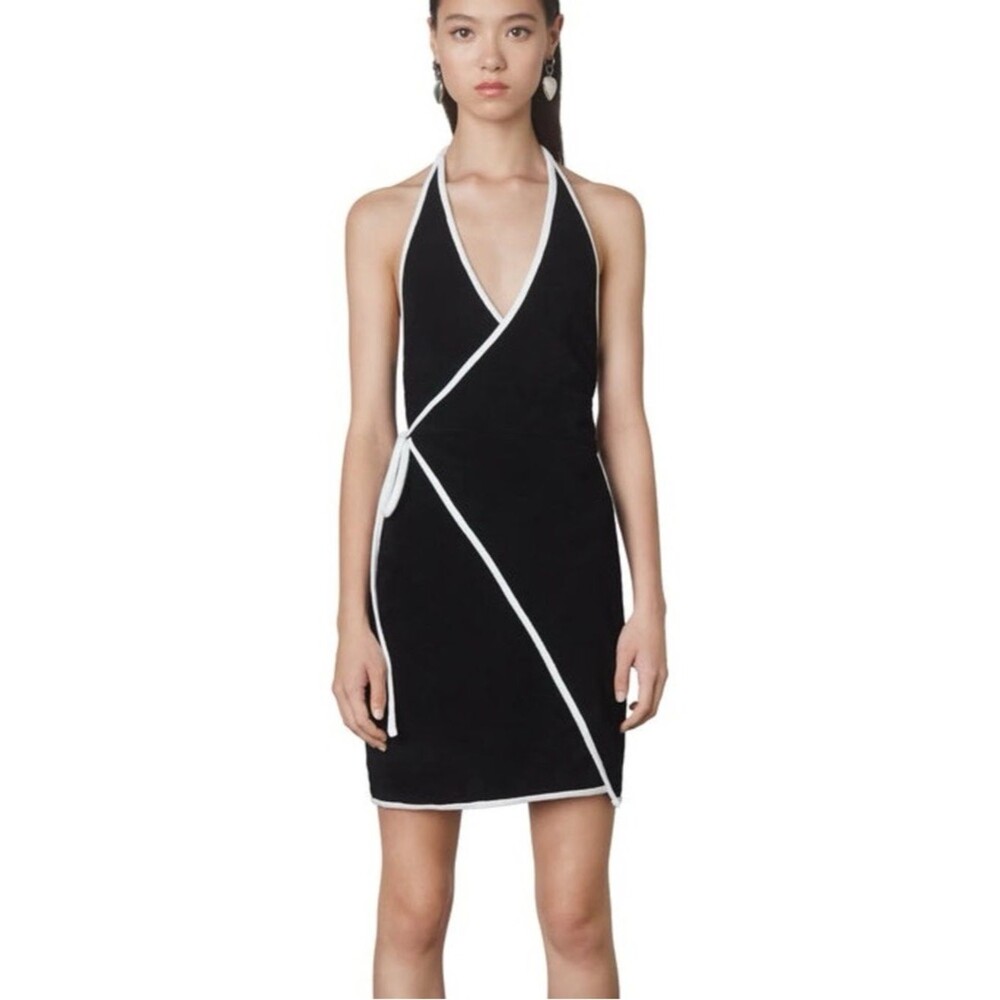 Nia Black Halter Wrap Mini Dress with White Piping Size M